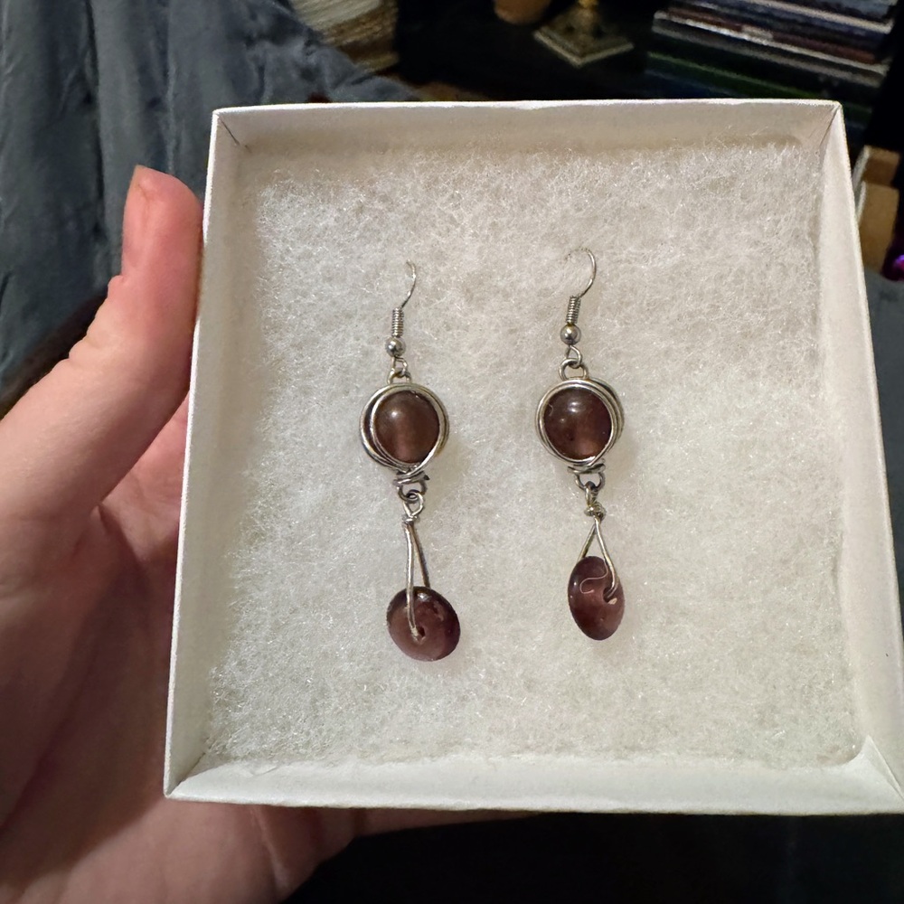 Sterling Silver Wrapped Plum Glass Dangle Earrings